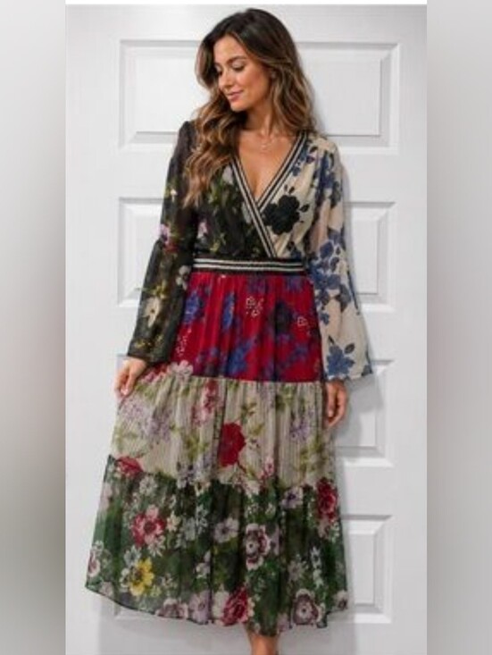 Kaktus Dresses & Skirts - Kaktus lightweight, long-sleeve maxi dress features a multi-patterned patchwork